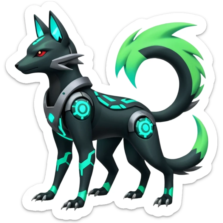 Black and green cyberpunk intricate neon glowing grey white futuristic cyborg-Zeraora-Zoroark-Umbreon-Litten-Salandit-fusion (full body) sticker