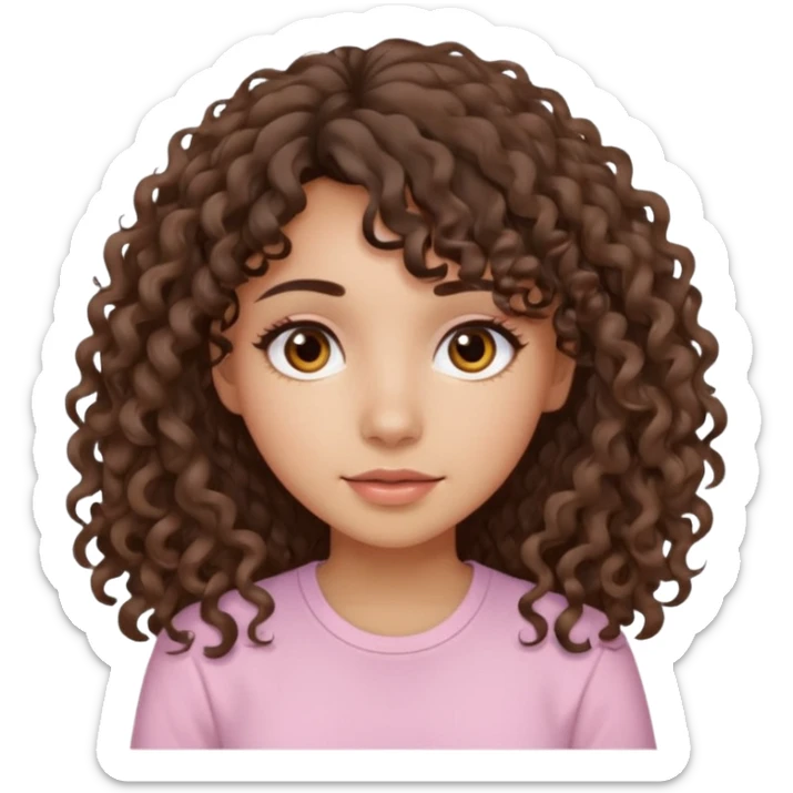 A Latina girl with brown eyes and long loose curly hair with curly bangs with a light pink shirt sticker