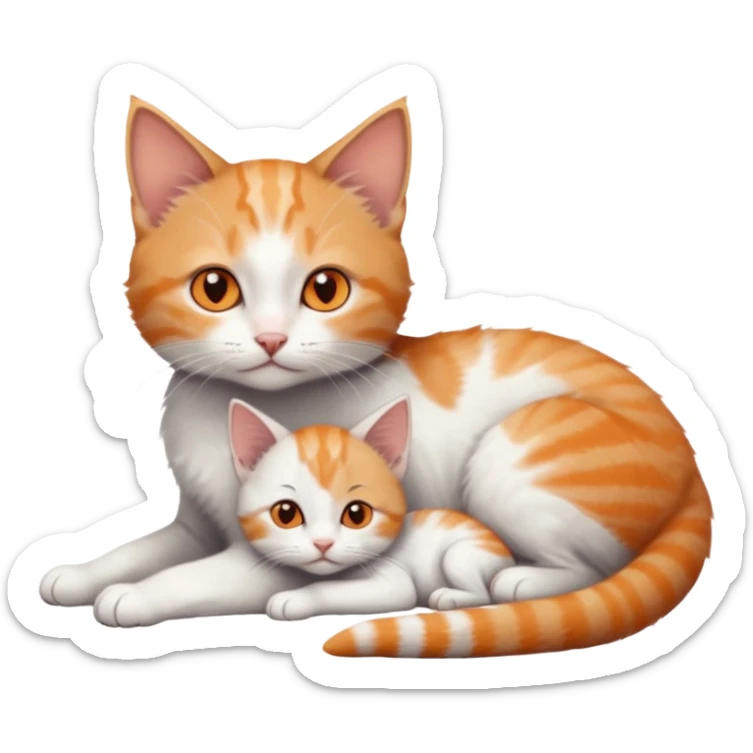 full body of very small + skinny ginger and white kitten with deep orange eyes and triangular shaped face lying down cuddling a grey and white kitten who is a bit bigger than him sticker