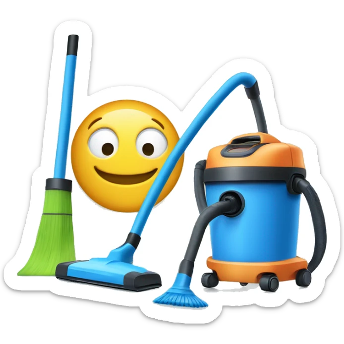 broom and vacuum cleaner, set against a blue background of a home cleaning session sticker