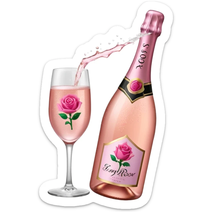 bottle of sparkling rose champagne tilted up and to the right, with a rose logo sticker