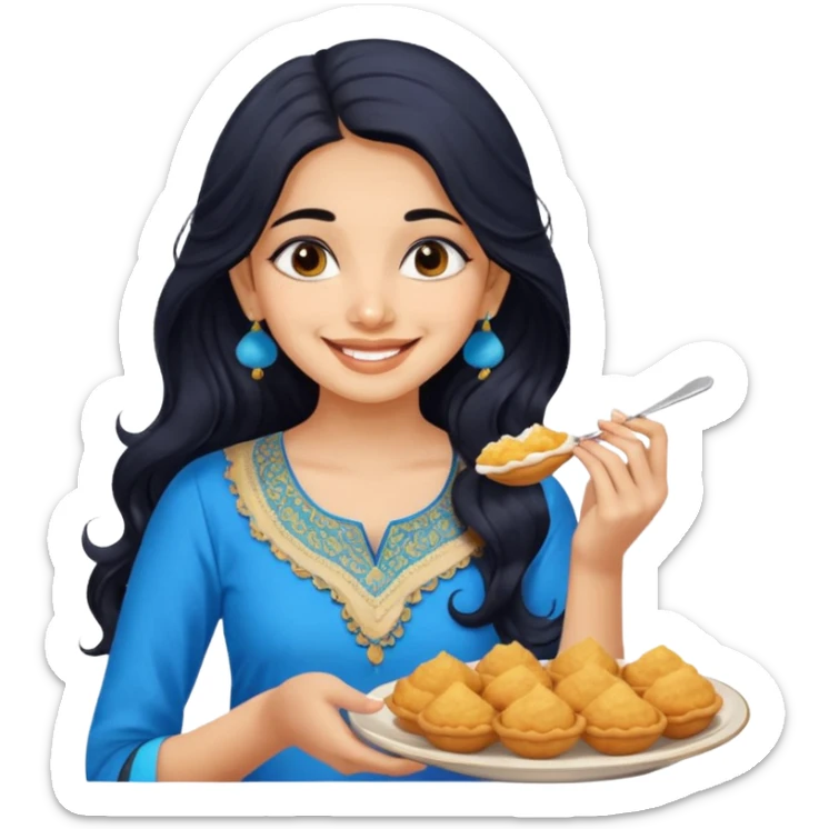 a pretty indian bratz girl with wavy long black hair. eyeliner on, wearing a blue kurti, eating golgappa sticker
