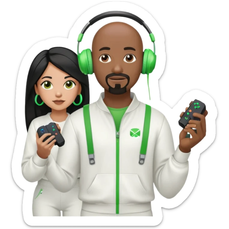 A bald, black man with a goatee wearing a white jump suit, green headphones and holding a ps5 controller. mad, young, Hispanic woman with long black hair sticker