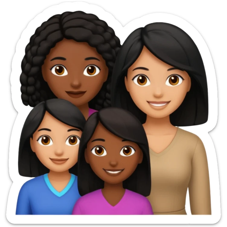 a group of 3 women, one is black, one is asian, one is indian, they all have black hair sticker