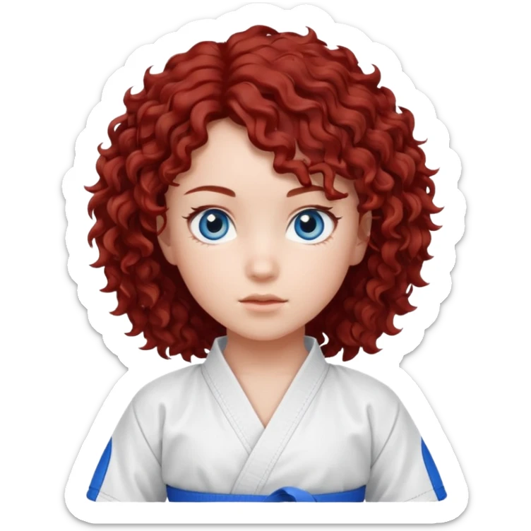 generate a young girl with dark red curly hair, blue eyes. in a white karate outfit  sticker