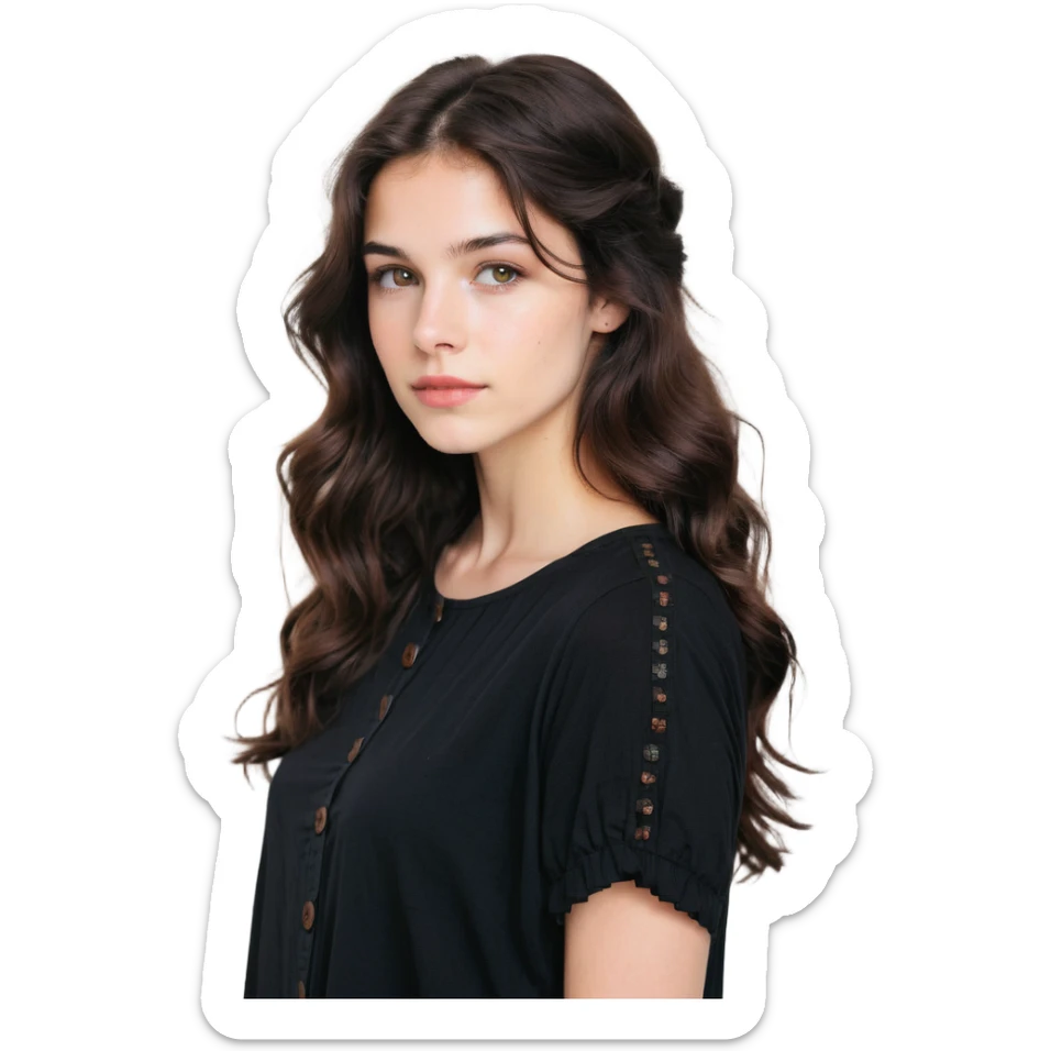 27 year old Caucasian woman with fair skin, brown eyes, long wavy dark brown hair, wearing a black top with a button sticker