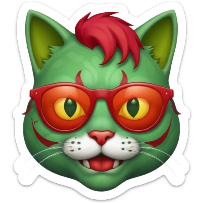 Zombie cat with sun glasses and red hair and joker nose sticker