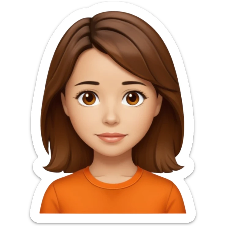 Linda Cardellni with brown hair, orange shirt sticker