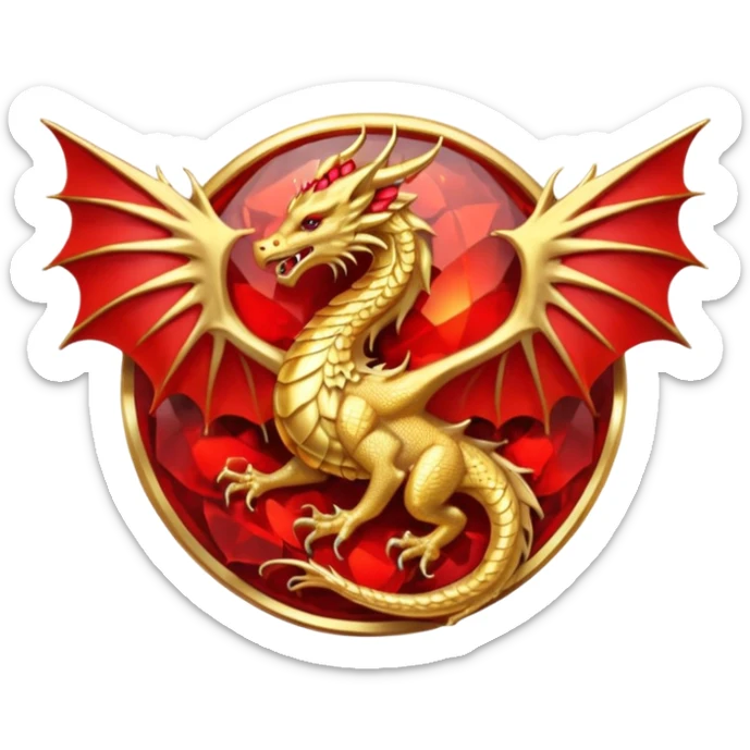 Golden Dragon with golden wings golden crest/brosch in a golden circle with red gems sticker