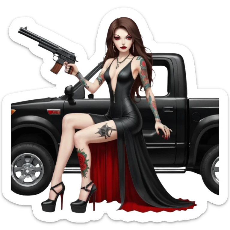 Lilith symbol red eye seductress evil long brown haired sexy succubus woman with leather long dress with slit, sitting in Big Large F350 pickup truck. Black Platform high heels on feet. Tattoo sleeve arms, seat full of stacks of cash, and a man dead human skull of her enemies and a gun in other hand sticker