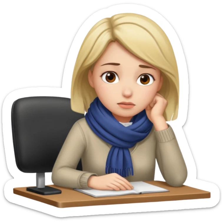 Person sitting at desk, looking tired, winter outside, woman  sticker