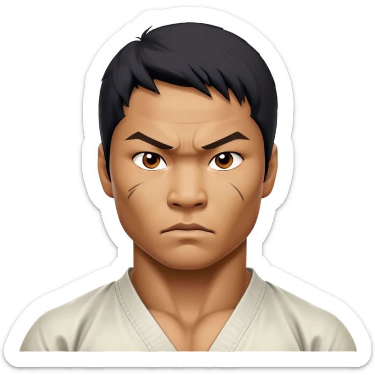 ​Cinematic Realistic Portrait of Tony Jaa, a close-up depiction capturing his intense, determined expression and finely detailed features, rendered with dramatic natural lighting that emphasizes his rugged athleticism and unmistakable martial arts presence, sticker
