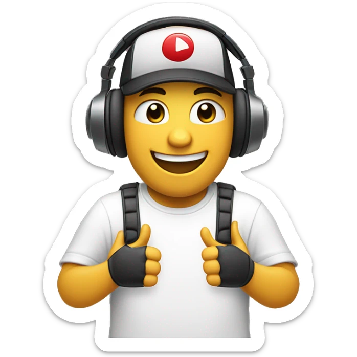 An emoji of a gamer wearing large headphones and a backward baseball cap, laughing with an open mouth. The eyes are closed from laughter, and one hand is raised, giving a thumbs-up gesture. The background is simple and non-distracting. sticker