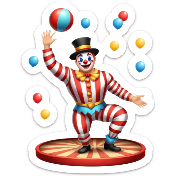 Icon for Circus Arts: a vibrant round circus arena with a strongman in a striped costume, a juggler performing and a clown entertaining the crowd. The icon should capture the energy and excitement of a circus performance. Transparent background. sticker