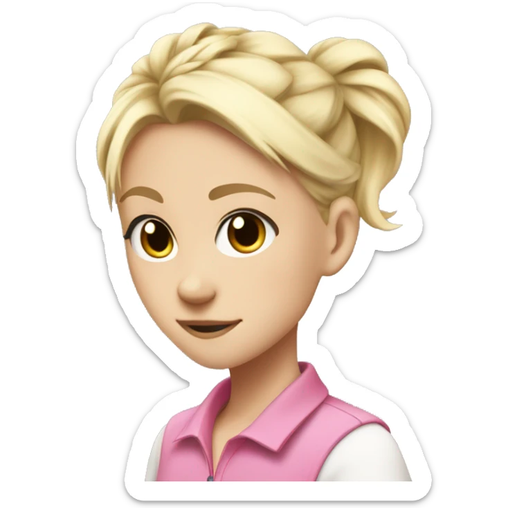 jecka from class of 09, so a white blonde anime girl with a pink polo and a loose half tied up hair bun sticker