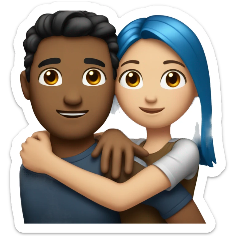 Couple having a big hug, arms around each other. man with light brown skin and black hair. short white woman with brown hair and blue eyes  sticker