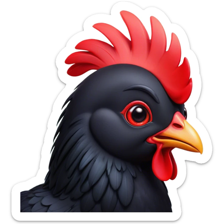 Cinematic Cute Black Chicken Portrait Emoji, Head tilted playfully and inquisitively, featuring sleek, lustrous black feathers and a vibrant red comb, round, sparkling beady eyes filled with curiosity, Simplified yet irresistibly adorable features, highly detailed, glowing with a warm, friendly glow, high shine, affectionate and lively, stylized with a touch of whimsical charm, bright and endearing, soft glowing outline, capturing the essence of a mischievous yet loving chicken, so playful it feels like it could peck out of the screen and into your arms! sticker