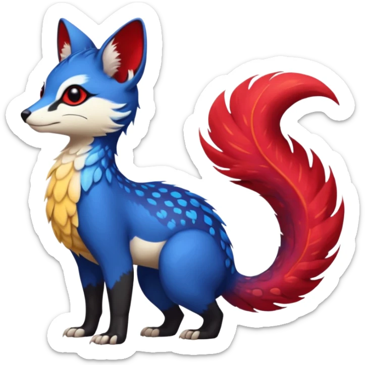 Feral Rare Fantasy vibrant tropical exotic cobalt-blue-crimson-red-black-white-yellow-gradients, Vernid-Trico-species-creature by LiLaiRa, random markings, tufted tail, tufted ears, full body sticker