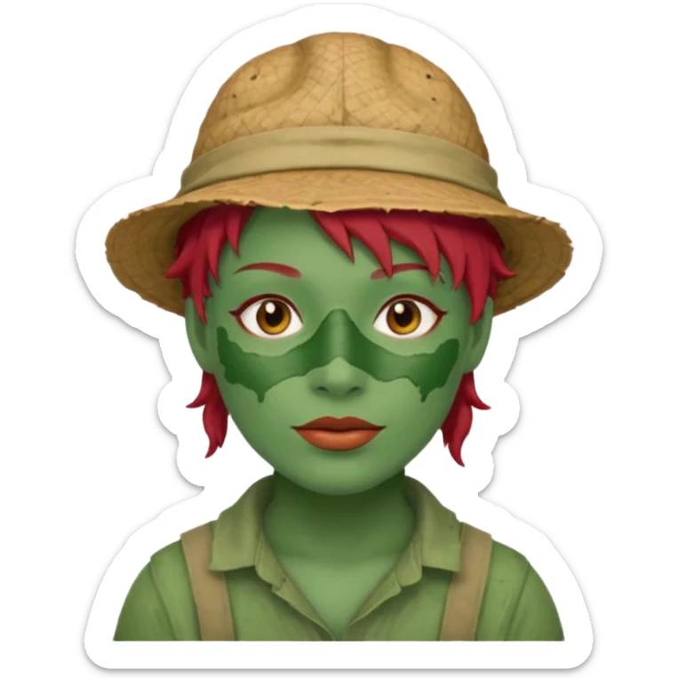 messy green full face green clay mask and tourist hat red hair  sticker