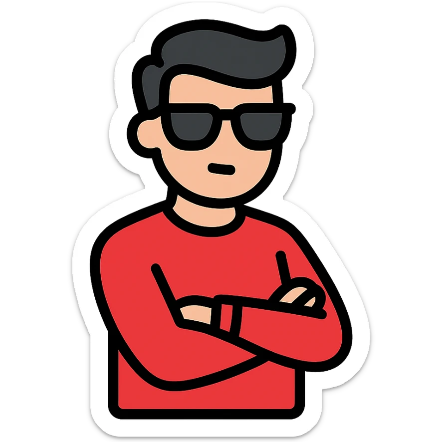 A guy in a red sweatshirt with sunglasses, with stylish black hair, stands in a cool pose sticker