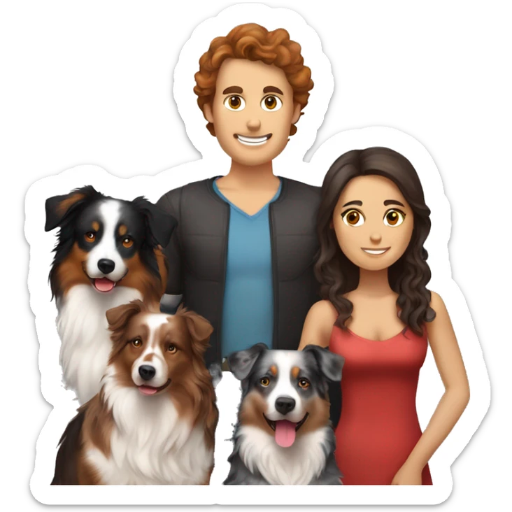 family group consisting of brunette long hair woman, hairless man , black tri Australian shepherd, red Merle Australian shepherd,  sticker