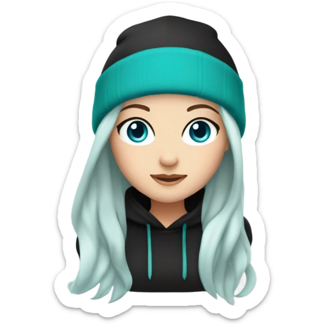 White girl, black hoodie, long teal hair, purple beanie hat, blue eyes sticker