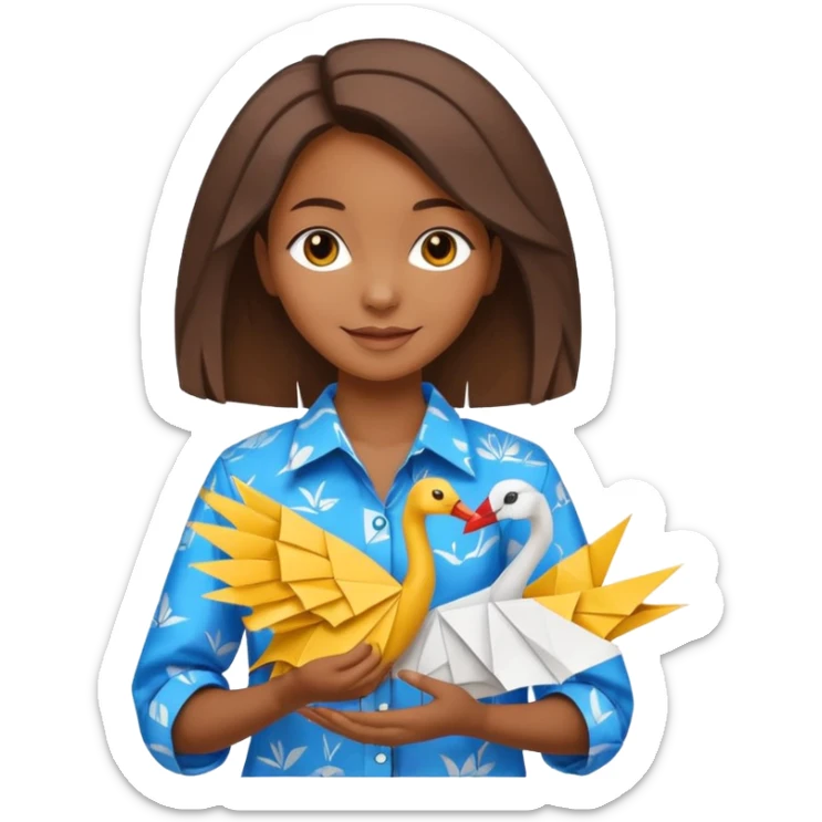 happy-african-young-girl-with-brown-african-hair-in-a-white-colorful-vintage-kanga-shirt-holds-an-origami-yellow-and-blue-crane sticker