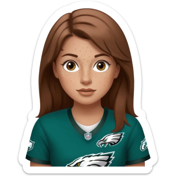 White girl with long  milk chocolate brown hair and freckles wearring a Philadelphia eagles jersey sticker