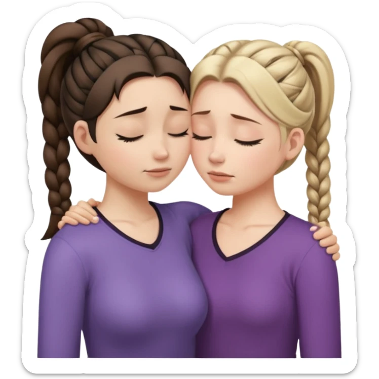 Comforting Hug two white skin women, one shorter woman with medium brown simple top ponytail, not braided, and one taller sad woman with a single long black side braid sticker