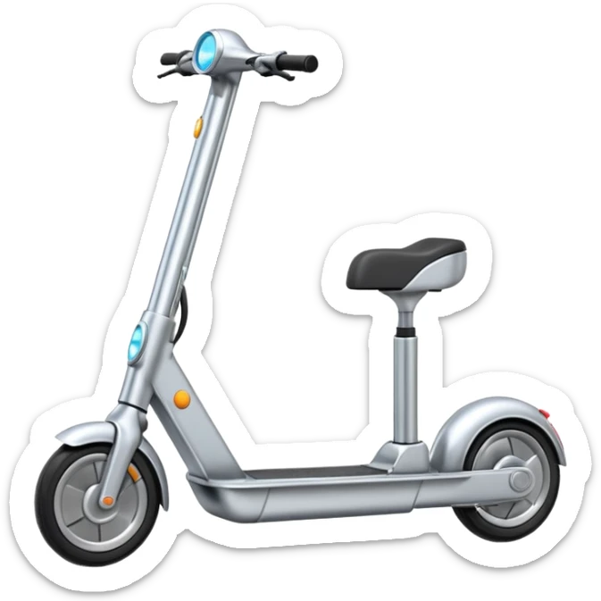 A futuristic electric scooter emoji made of silver chrome, sleek minimal frame, smooth metallic surface, subtle reflections, modern urban design, iOS emoji style, centered, clean white background sticker