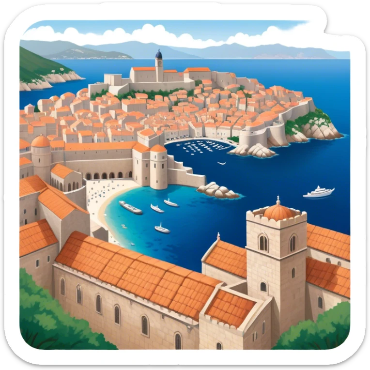 Cinematic Realistic Dubrovnik Landmark Emoji, showcasing the historic walled city with its terracotta rooftops, stone fortifications, and the deep blue Adriatic Sea stretching beyond. sticker