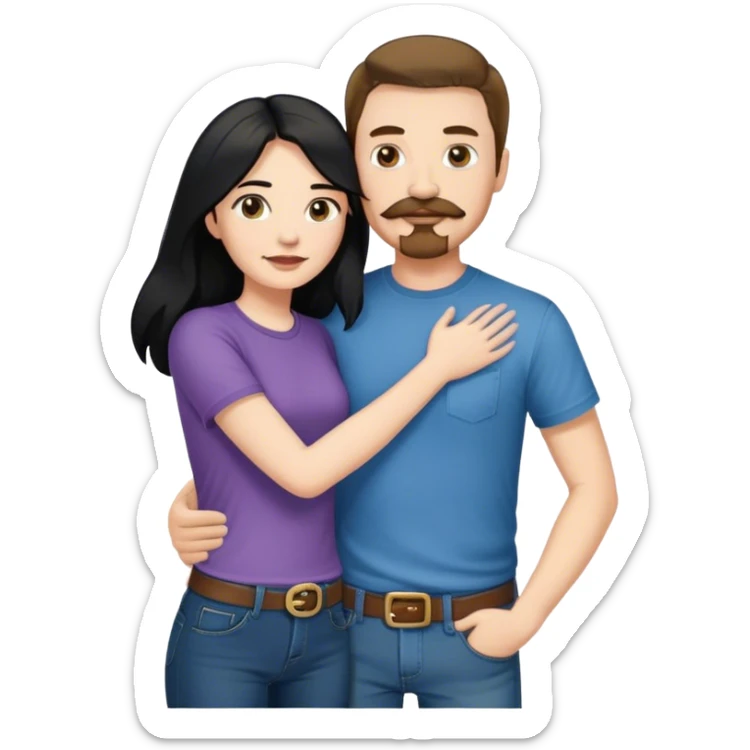 tall white man with brown hair goatee mustache wearing t-shirt and jeans hugging a shorter white woman with long black hair sticker