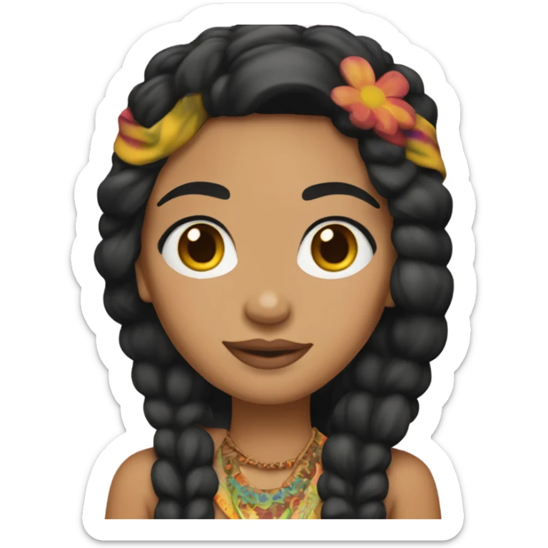 Tanned woman with black hair dressed in 1970s hippie attire, hair, makeup, and  attire with headband  sticker