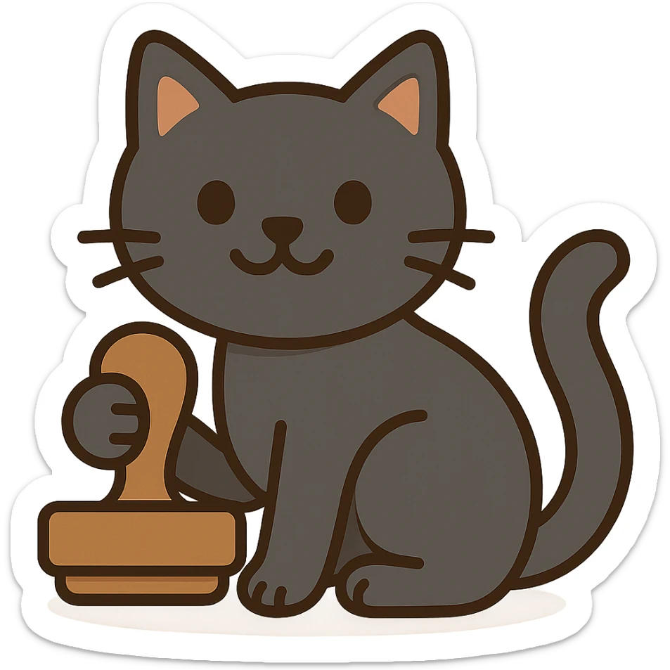 Add color to the black cat, keeping the style clear and playful, with a dark gray or black cat and natural stamp colors, no background. Maintain the original style's clarity and playfulness. sticker