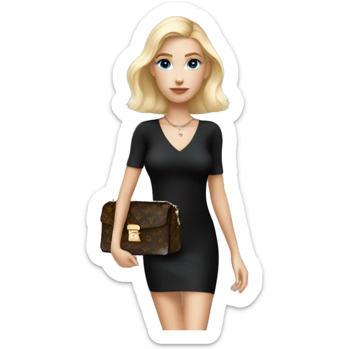 Blonde girl with bright blue eyes holding Louis Vuitton monogram bag in tight short all black dress sticker