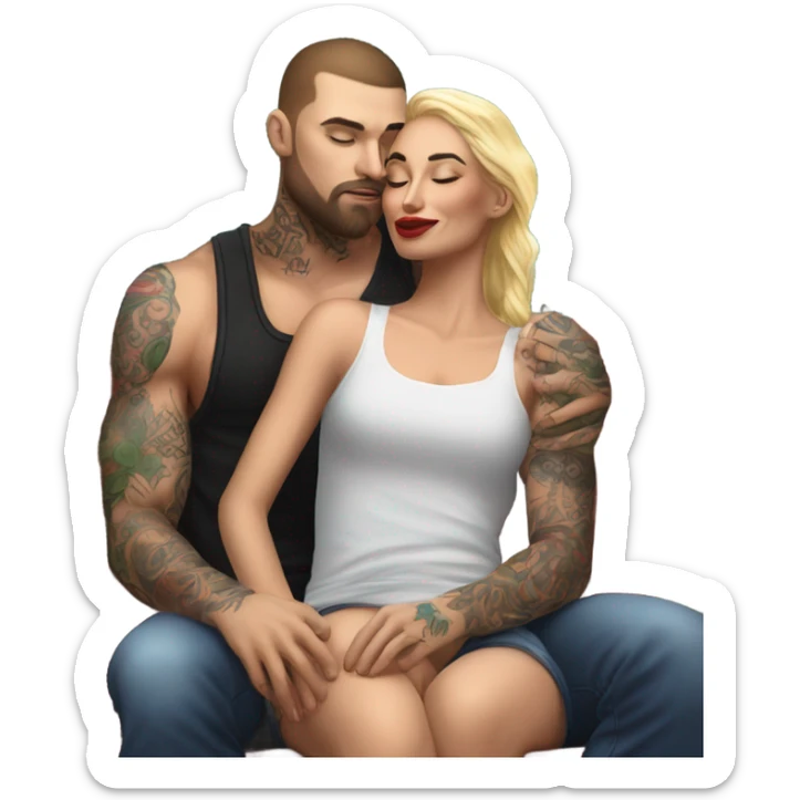 Hyper Realistic beautiful woman in the arms of a very handsome tattooed man kissing on a sofa sticker