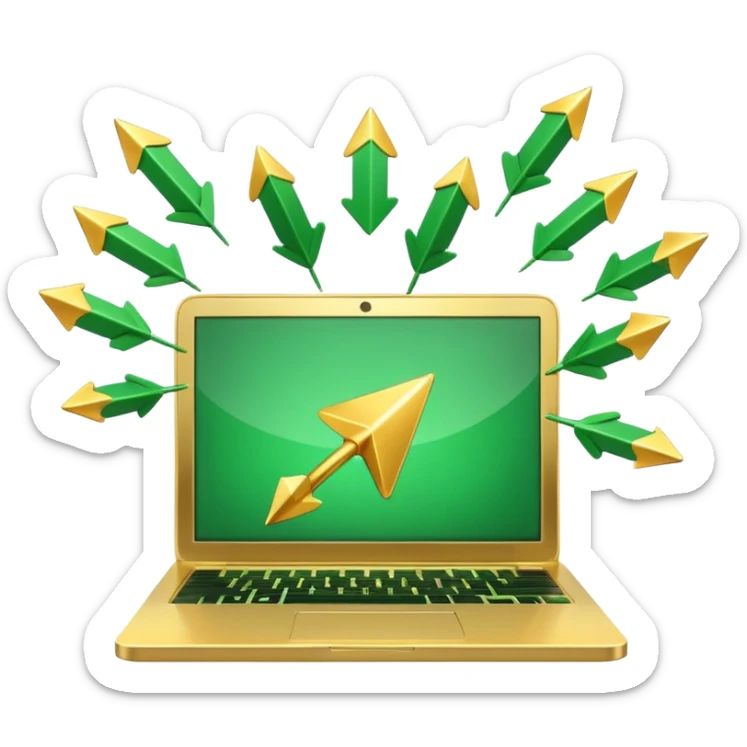 3D laptop icon with gold coins flying out of screen, green color (#0B3D2C), gold accents (#C9B037), upward arrows, glossy modern style, transparent background sticker