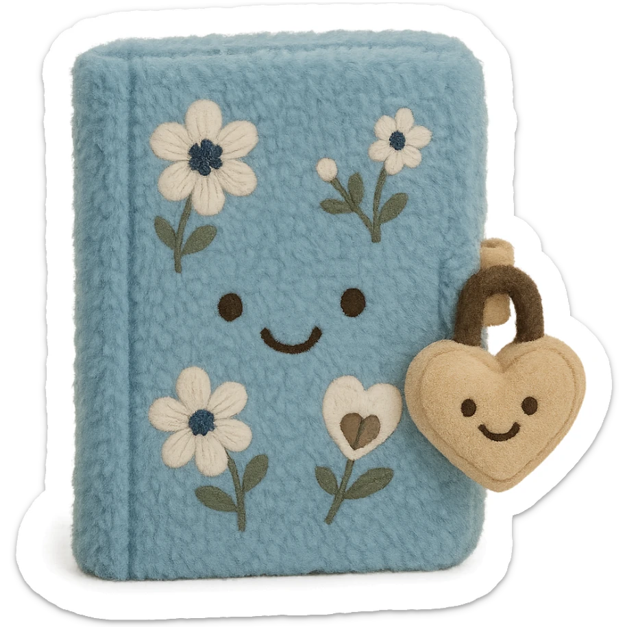 Blue Floral journal with a heart-shaped lock as a kawaii plushie, jellycat style  sticker