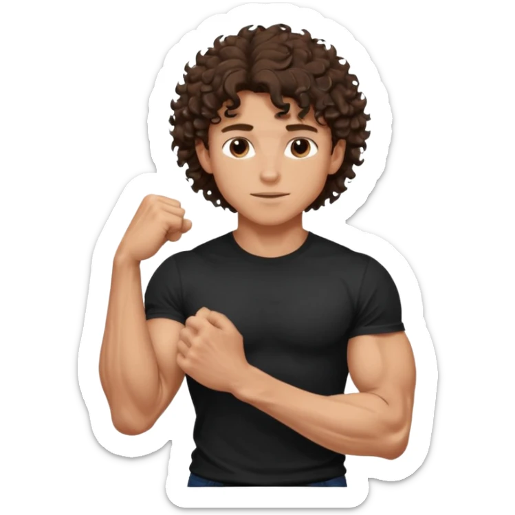 muscular teen boy with veiny hands arms and biceps. has messy brunette curly hair with tan skintone with black tshirt sticker