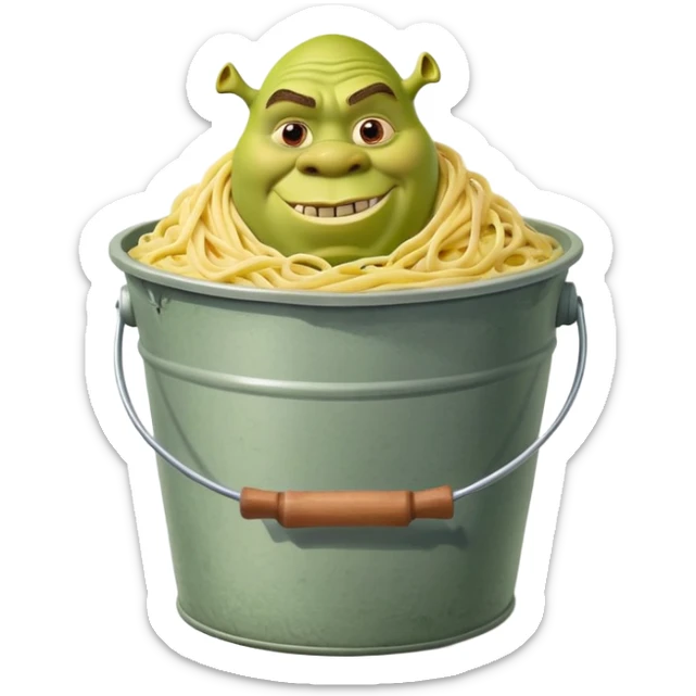 Shrek the green ogre holding a huge oversized bucket overflowing with carbonara pasta sticker