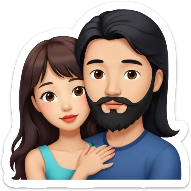 handsome tall asian man with long black hair and beard, hugging cute woman with tan skin and long wavy reddish brown hair with bangs and coral lipstick sticker