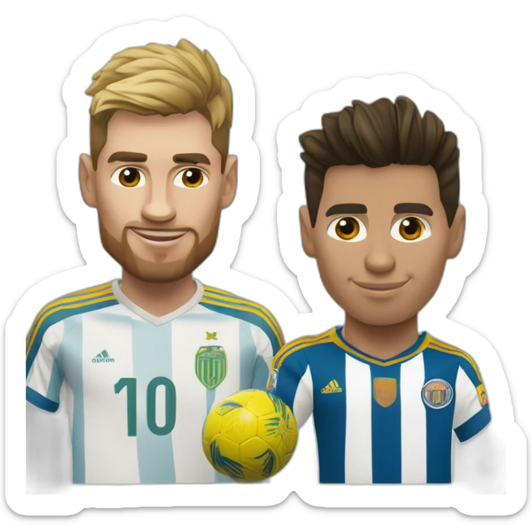 Realistic Messi wearing FC Miami football shirt and Cristiano Ronaldo wearing Al-Nassr football shirt in style of sorolla sticker