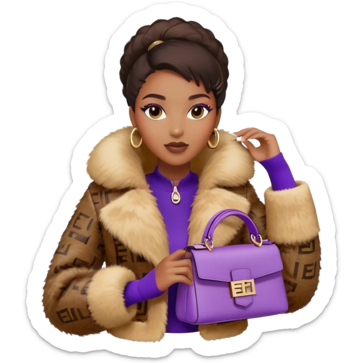 Beautiful black woman wearing a brown monogram Fendi jacket with a fur trim. She is carrying a purple Fendi baguette bag. I want the image to start at her head and end at the chest sticker