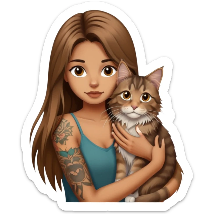 girl with long brown  straight hair and tattoos and a tabby Maine coon cat sticker
