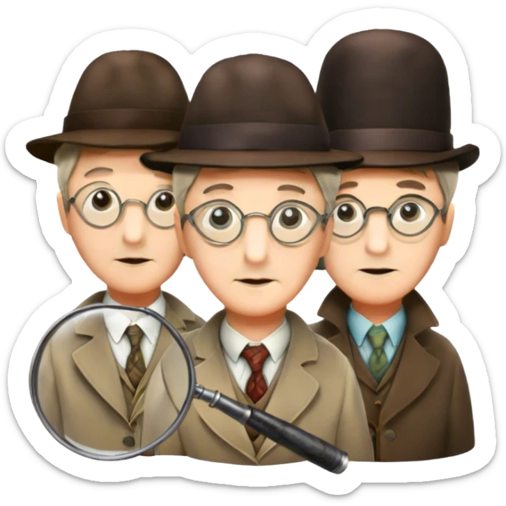 Icon for Detective Movies: A colorful collage with Sherlock Holmes, Miss Marple, and Pinkerton. Include magnifying glasses, clues, and detective tools. The design should evoke mystery and intrigue, with a classic detective movie feel. Transparent background. sticker