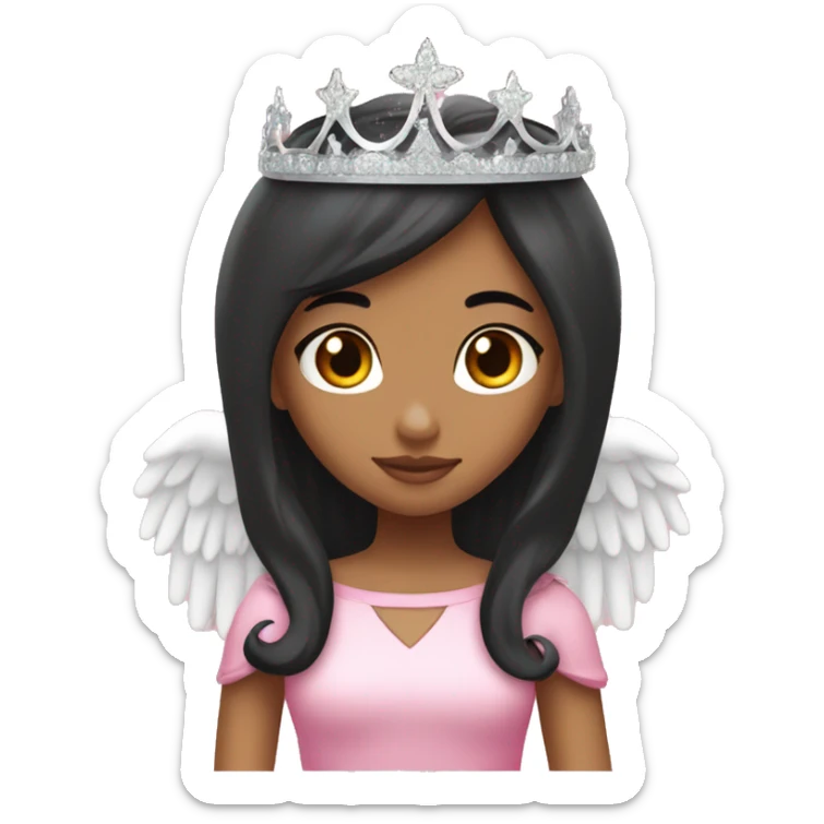 Princess with angel halo with long black hair with bang with silver pink heart tiara and pink dress sticker