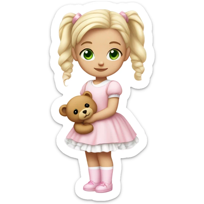 Little  babygirl with White skin, green eyes. Light blonde hair in two ponytails, with light pink bows.  She is wearing a light pink and White dress, holding a teddybear with a pink bow. sticker