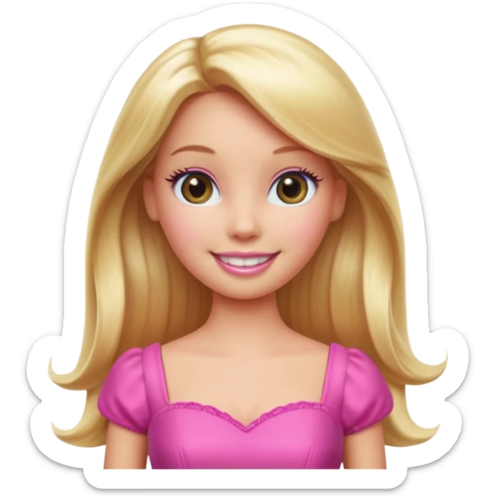 A Barbie-inspired Apple emoji character, big shiny emoji eyes, long blonde hair, wearing a pink dress, smiling, 3D Apple emoji style, clean white background, soft shading. sticker