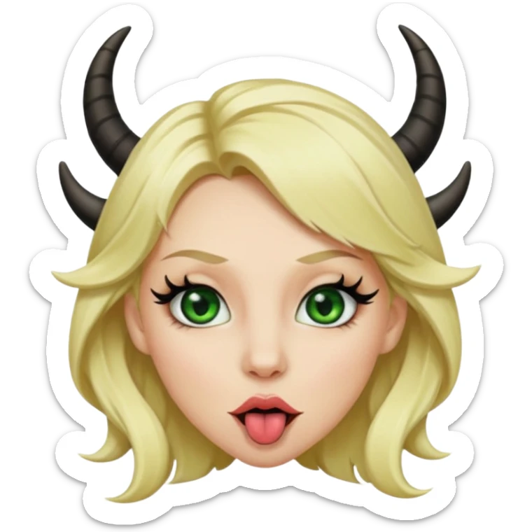 Emoji femme blonde habillée en noir cheveux blond, yeux vert avec de long cils noir qui tire la langue et à des cornes  sticker
