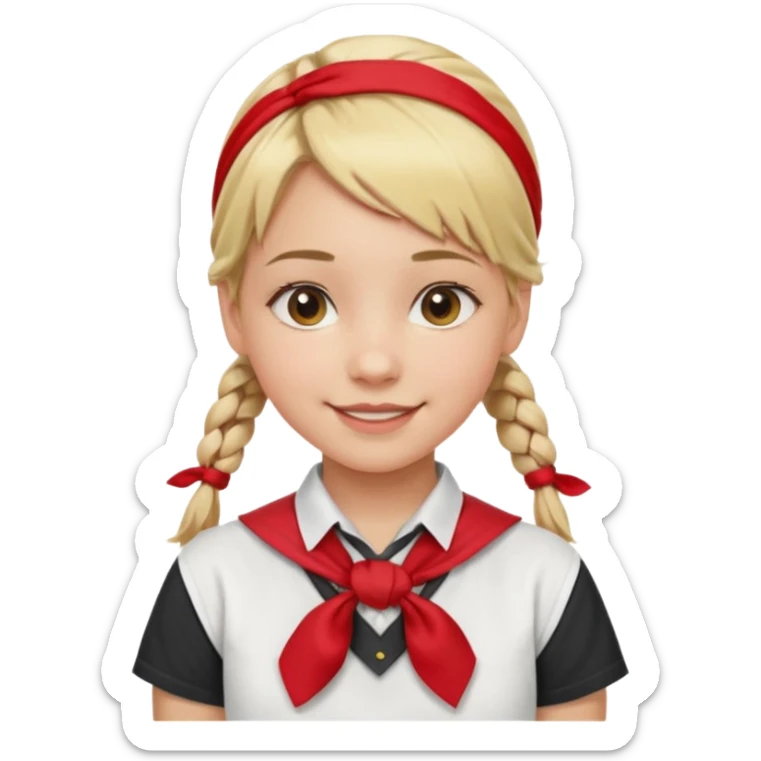A Soviet pioneer girl emoji — smiling young girl with blonde hair tied into two short braids. She wears a white school shirt and a wide bright red pioneer neckerchief tied in a loose triangular knot at the chest (not a necktie) sticker